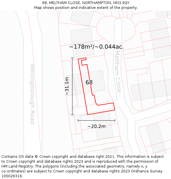 68, MELTHAM CLOSE, NORTHAMPTON, NN3 9QY: Plot and title map