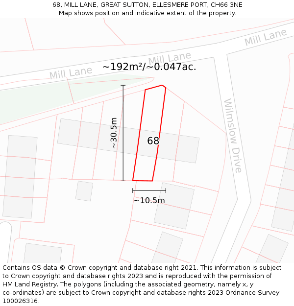 68, MILL LANE, GREAT SUTTON, ELLESMERE PORT, CH66 3NE: Plot and title map