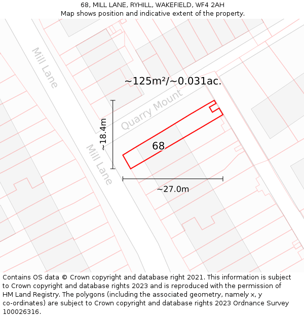 68, MILL LANE, RYHILL, WAKEFIELD, WF4 2AH: Plot and title map