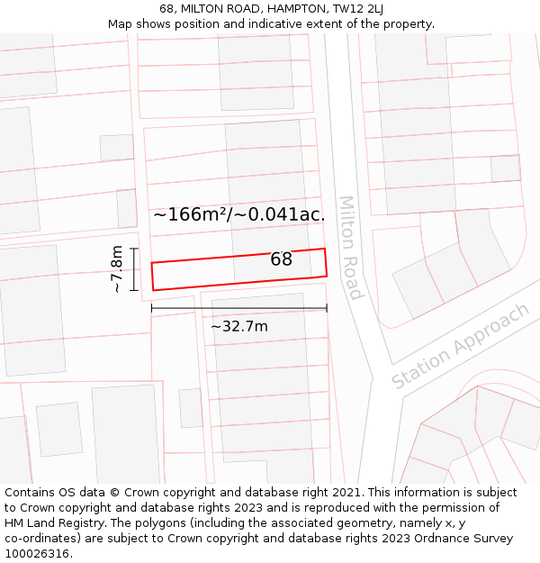 68, MILTON ROAD, HAMPTON, TW12 2LJ: Plot and title map