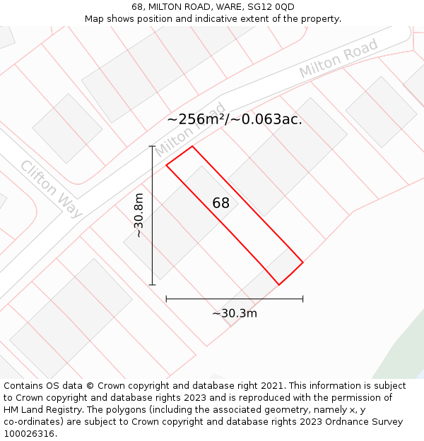 68, MILTON ROAD, WARE, SG12 0QD: Plot and title map