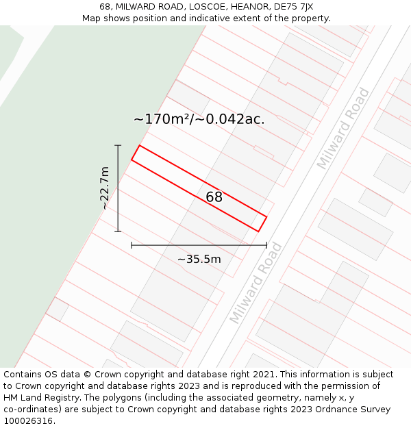 68, MILWARD ROAD, LOSCOE, HEANOR, DE75 7JX: Plot and title map