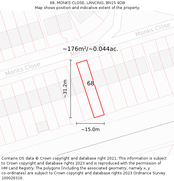 68, MONKS CLOSE, LANCING, BN15 9DB: Plot and title map