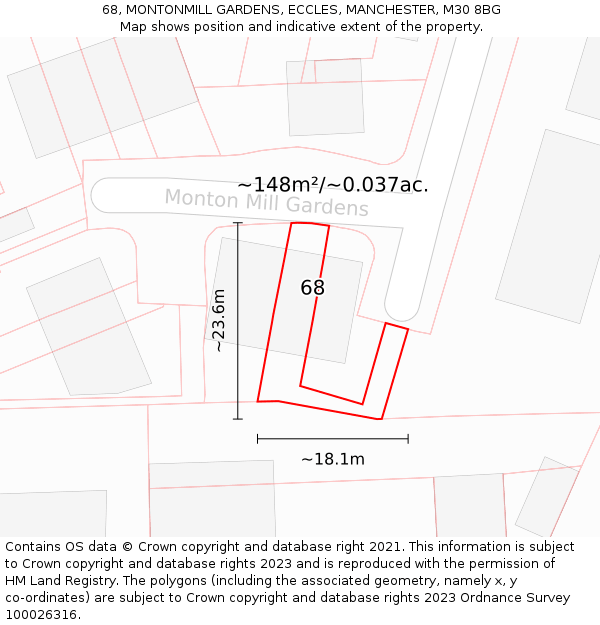 68, MONTONMILL GARDENS, ECCLES, MANCHESTER, M30 8BG: Plot and title map