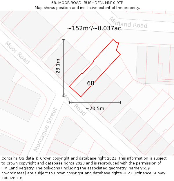 68, MOOR ROAD, RUSHDEN, NN10 9TP: Plot and title map