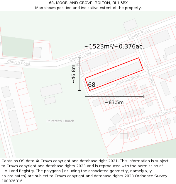 68, MOORLAND GROVE, BOLTON, BL1 5RX: Plot and title map