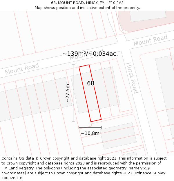 68, MOUNT ROAD, HINCKLEY, LE10 1AF: Plot and title map