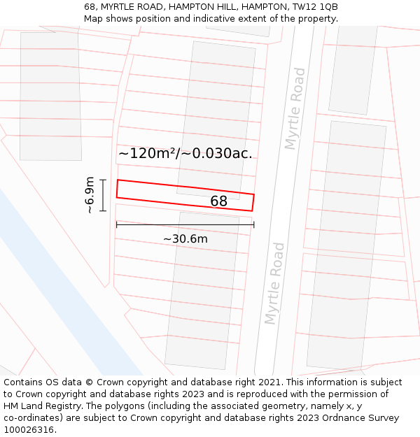 68, MYRTLE ROAD, HAMPTON HILL, HAMPTON, TW12 1QB: Plot and title map