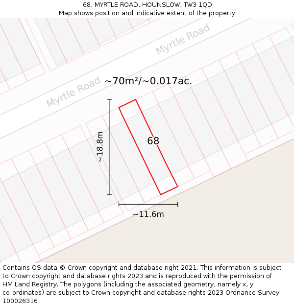 68, MYRTLE ROAD, HOUNSLOW, TW3 1QD: Plot and title map