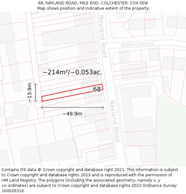 68, NAYLAND ROAD, MILE END, COLCHESTER, CO4 5EW: Plot and title map