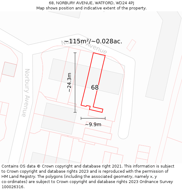 68, NORBURY AVENUE, WATFORD, WD24 4PJ: Plot and title map