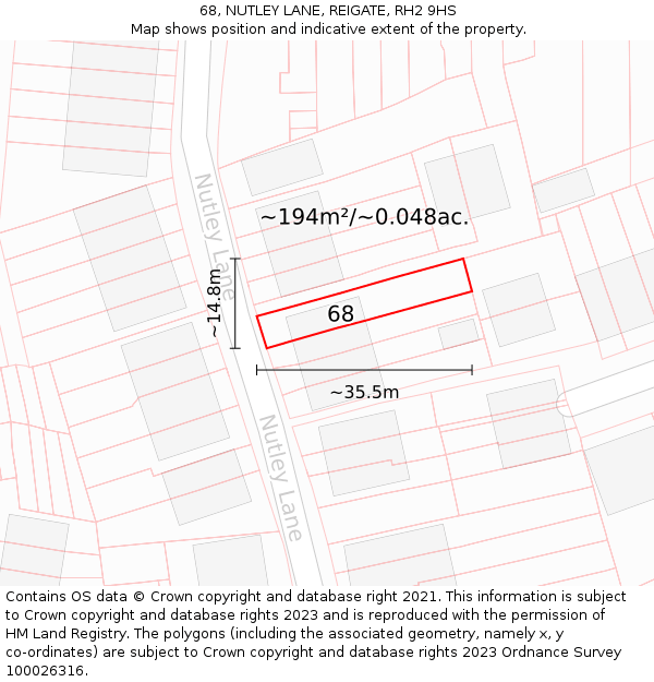 68, NUTLEY LANE, REIGATE, RH2 9HS: Plot and title map