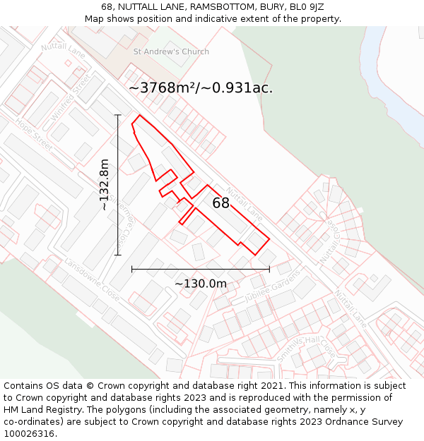 68, NUTTALL LANE, RAMSBOTTOM, BURY, BL0 9JZ: Plot and title map