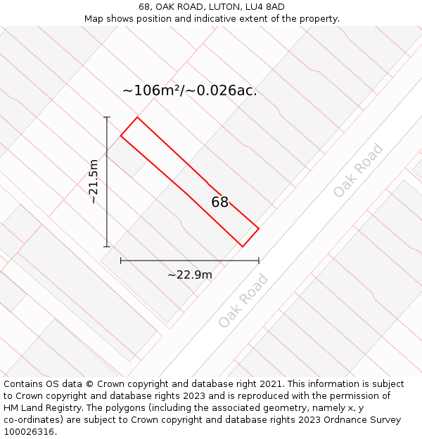 68, OAK ROAD, LUTON, LU4 8AD: Plot and title map