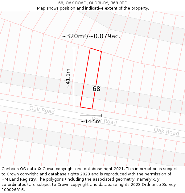 68, OAK ROAD, OLDBURY, B68 0BD: Plot and title map
