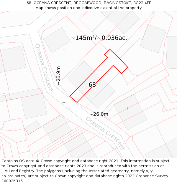 68, OCEANA CRESCENT, BEGGARWOOD, BASINGSTOKE, RG22 4FE: Plot and title map