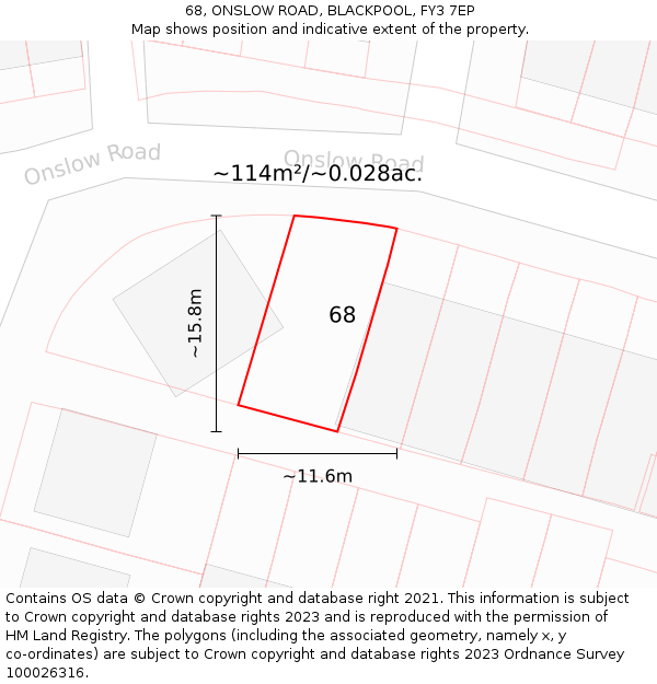 68, ONSLOW ROAD, BLACKPOOL, FY3 7EP: Plot and title map