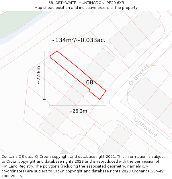68, ORTHWAITE, HUNTINGDON, PE29 6XB: Plot and title map