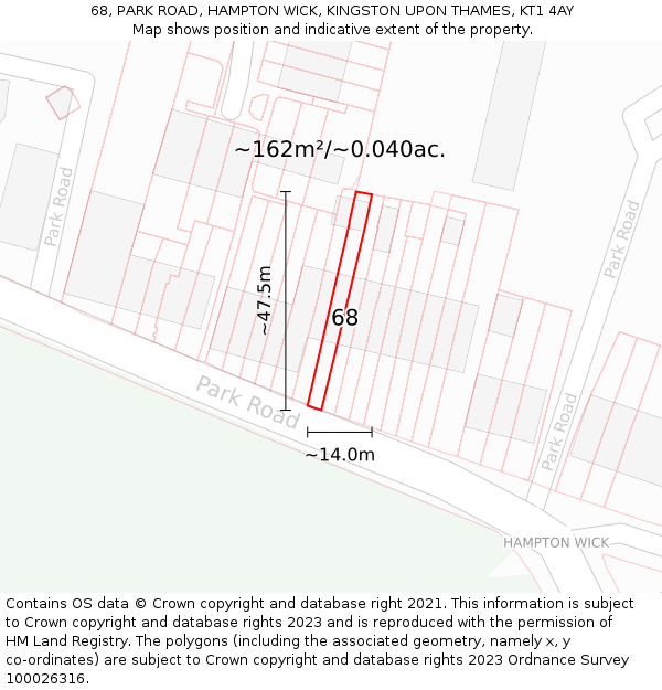 68, PARK ROAD, HAMPTON WICK, KINGSTON UPON THAMES, KT1 4AY: Plot and title map