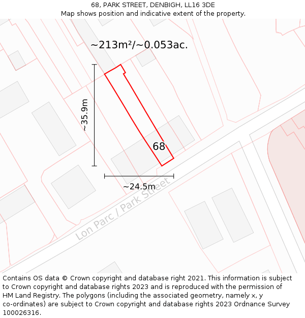 68, PARK STREET, DENBIGH, LL16 3DE: Plot and title map