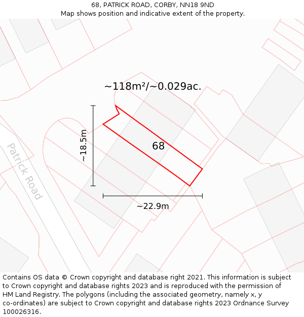 68, PATRICK ROAD, CORBY, NN18 9ND: Plot and title map