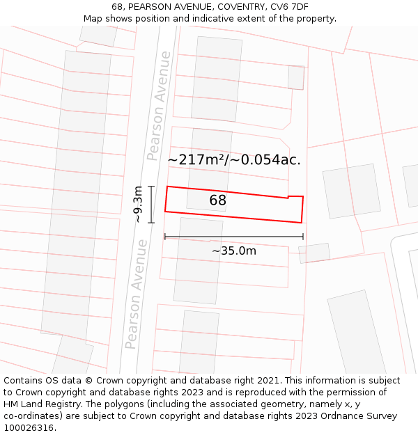 68, PEARSON AVENUE, COVENTRY, CV6 7DF: Plot and title map