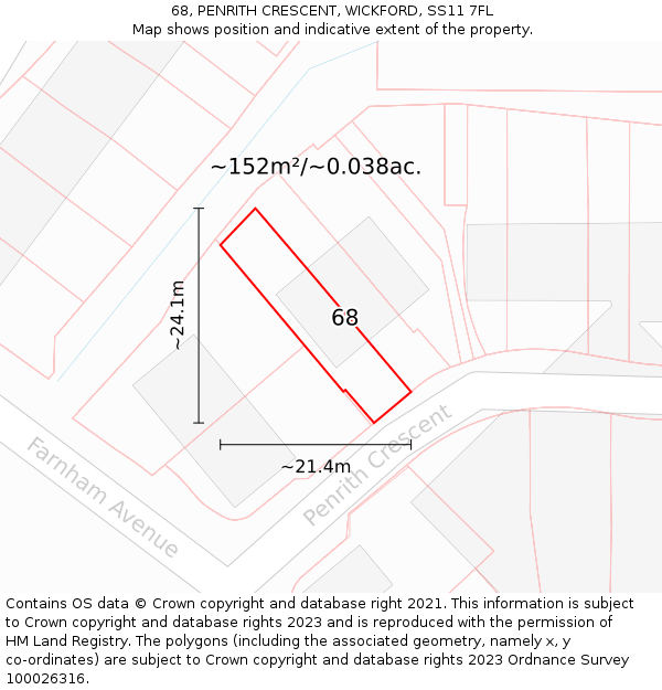 68, PENRITH CRESCENT, WICKFORD, SS11 7FL: Plot and title map