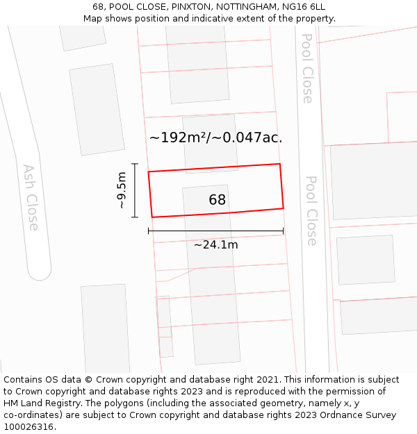 68, POOL CLOSE, PINXTON, NOTTINGHAM, NG16 6LL: Plot and title map