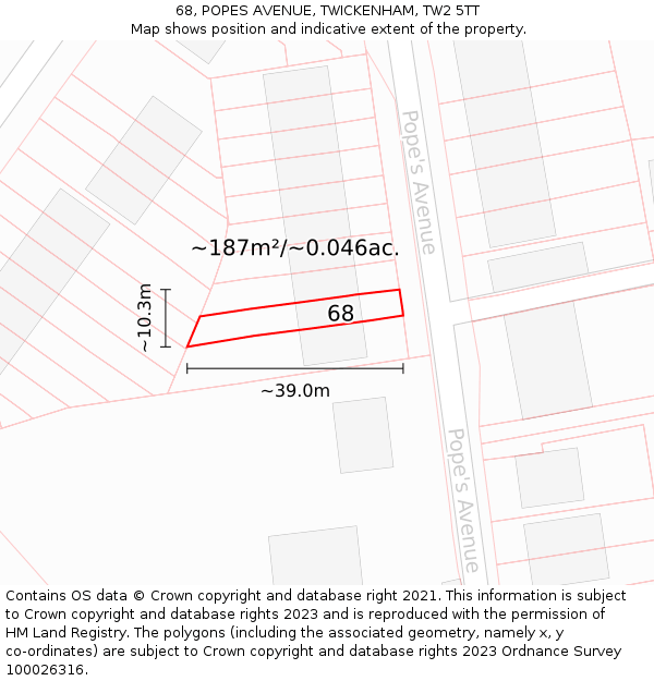68, POPES AVENUE, TWICKENHAM, TW2 5TT: Plot and title map