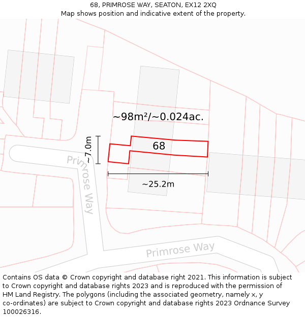68, PRIMROSE WAY, SEATON, EX12 2XQ: Plot and title map