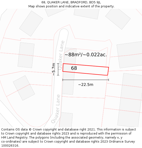 68, QUAKER LANE, BRADFORD, BD5 9JL: Plot and title map