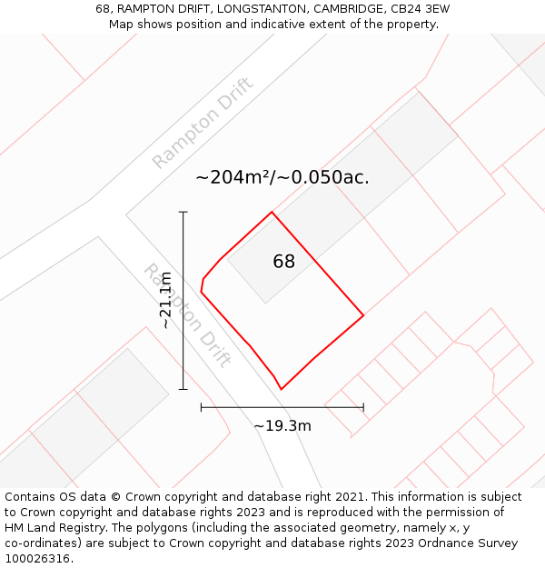 68, RAMPTON DRIFT, LONGSTANTON, CAMBRIDGE, CB24 3EW: Plot and title map