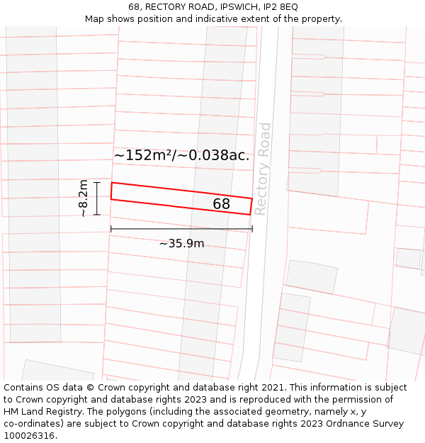 68, RECTORY ROAD, IPSWICH, IP2 8EQ: Plot and title map
