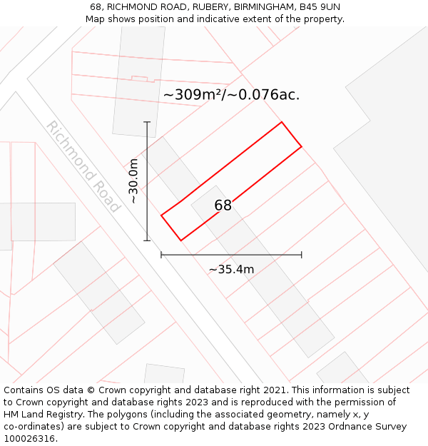68, RICHMOND ROAD, RUBERY, BIRMINGHAM, B45 9UN: Plot and title map