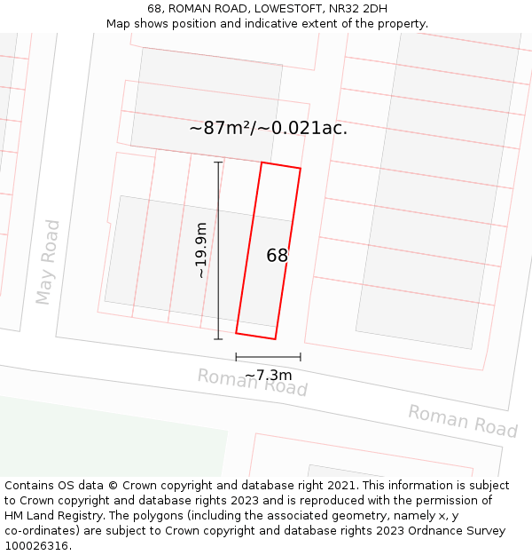 68, ROMAN ROAD, LOWESTOFT, NR32 2DH: Plot and title map