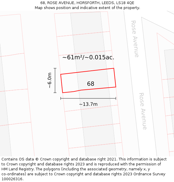68, ROSE AVENUE, HORSFORTH, LEEDS, LS18 4QE: Plot and title map