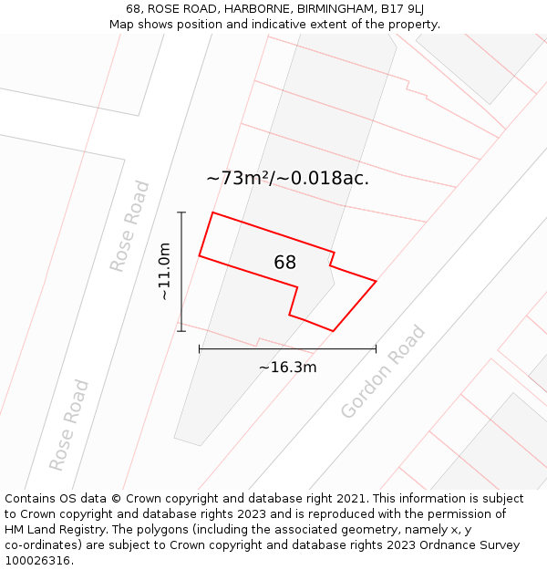 68, ROSE ROAD, HARBORNE, BIRMINGHAM, B17 9LJ: Plot and title map