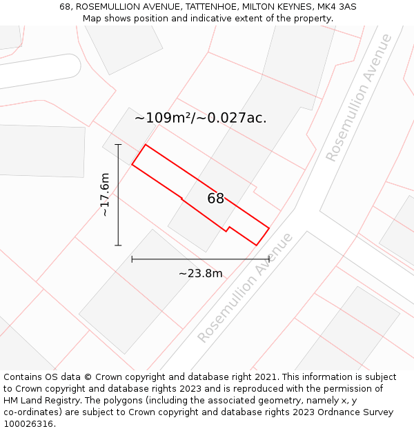 68, ROSEMULLION AVENUE, TATTENHOE, MILTON KEYNES, MK4 3AS: Plot and title map