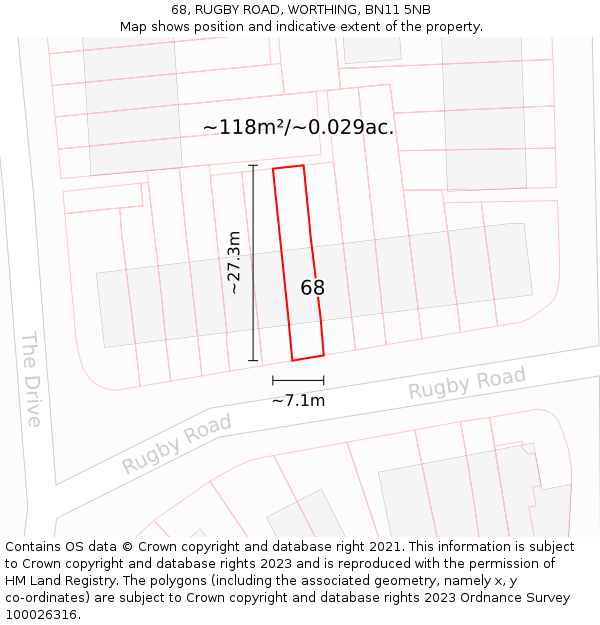 68, RUGBY ROAD, WORTHING, BN11 5NB: Plot and title map