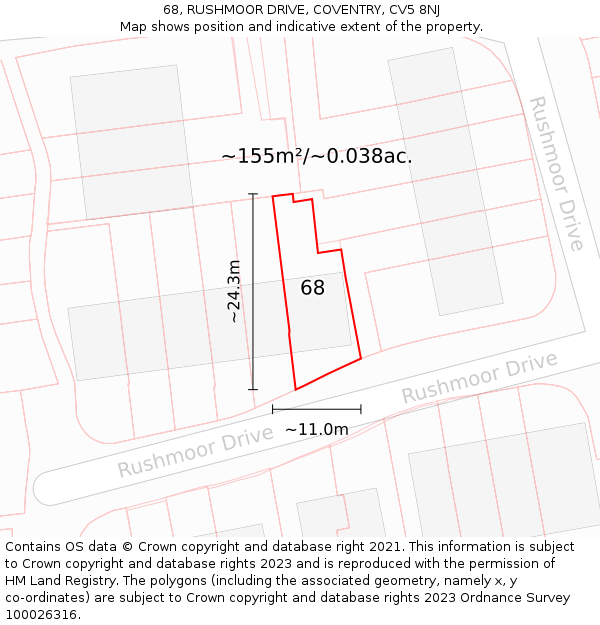 68, RUSHMOOR DRIVE, COVENTRY, CV5 8NJ: Plot and title map