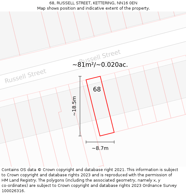 68, RUSSELL STREET, KETTERING, NN16 0EN: Plot and title map