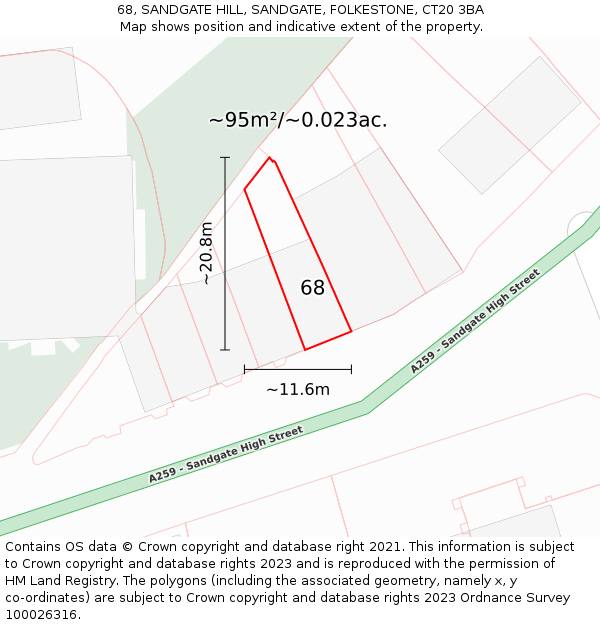 68, SANDGATE HILL, SANDGATE, FOLKESTONE, CT20 3BA: Plot and title map