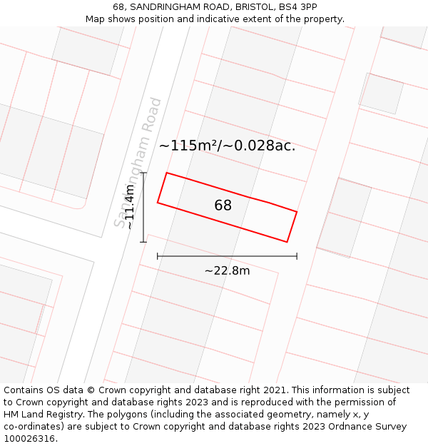 68, SANDRINGHAM ROAD, BRISTOL, BS4 3PP: Plot and title map