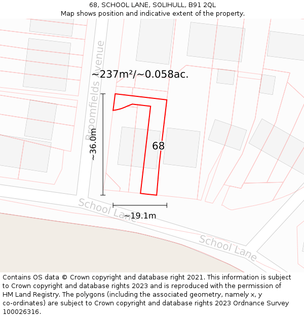 68, SCHOOL LANE, SOLIHULL, B91 2QL: Plot and title map