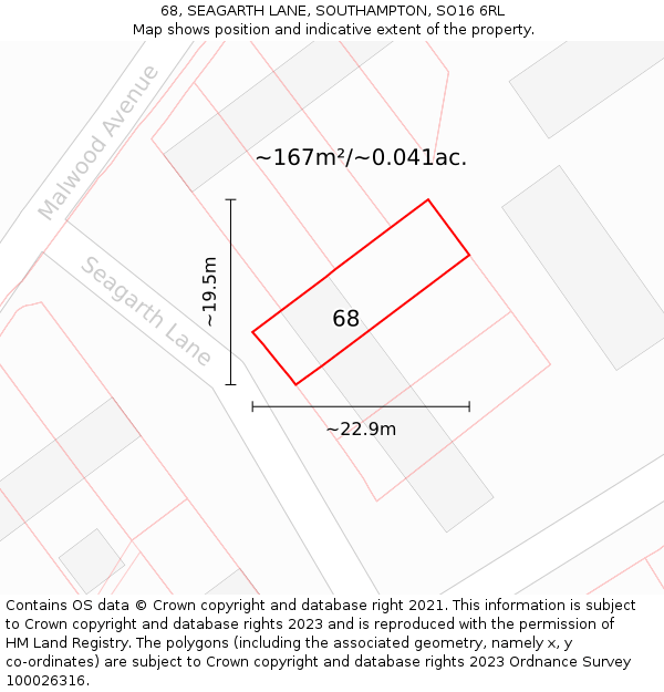 68, SEAGARTH LANE, SOUTHAMPTON, SO16 6RL: Plot and title map