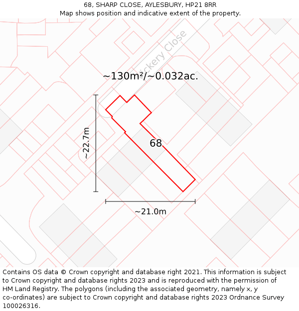 68, SHARP CLOSE, AYLESBURY, HP21 8RR: Plot and title map