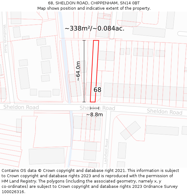 68, SHELDON ROAD, CHIPPENHAM, SN14 0BT: Plot and title map