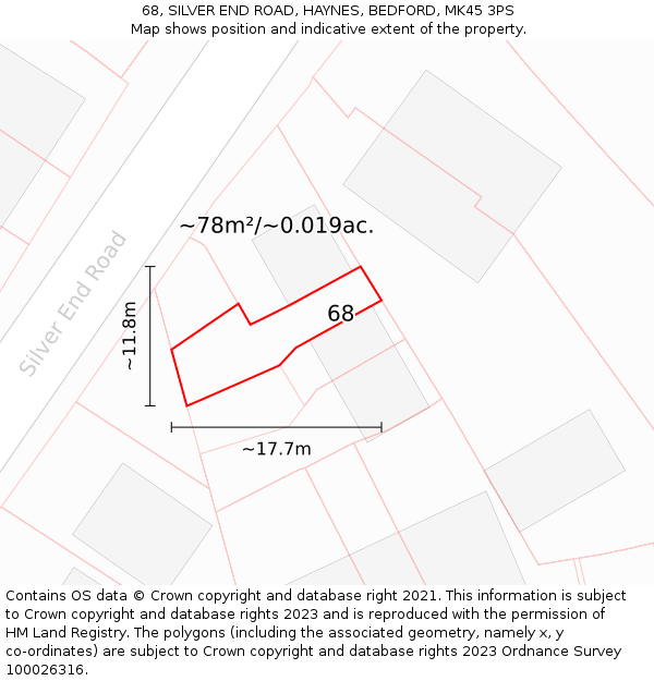 68, SILVER END ROAD, HAYNES, BEDFORD, MK45 3PS: Plot and title map