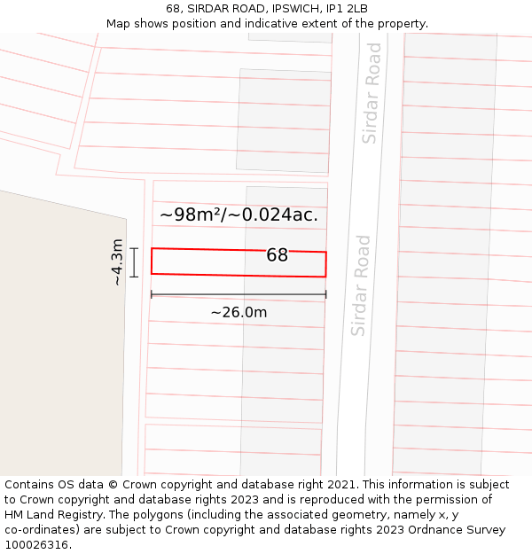 68, SIRDAR ROAD, IPSWICH, IP1 2LB: Plot and title map