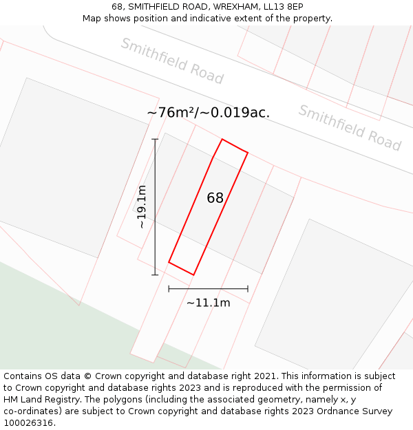68, SMITHFIELD ROAD, WREXHAM, LL13 8EP: Plot and title map